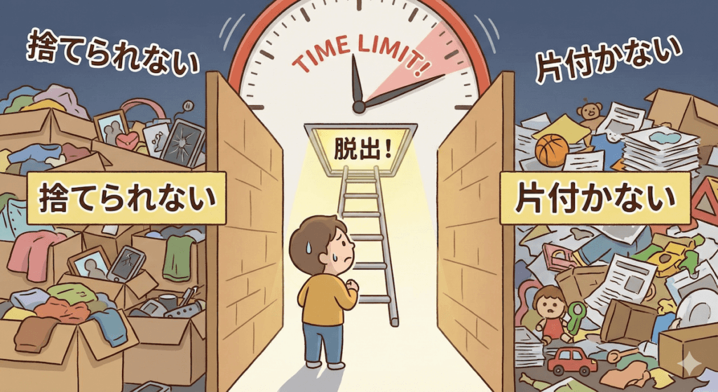 捨てられないと片付かないの板挟みイラスト