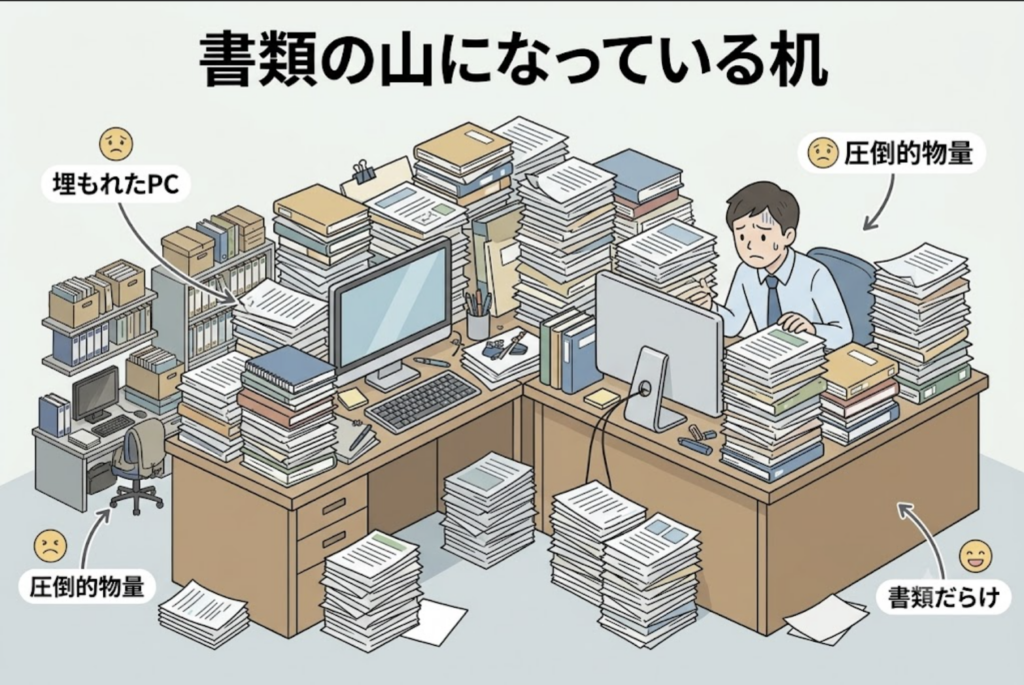 机の上に書類がいっぱいある